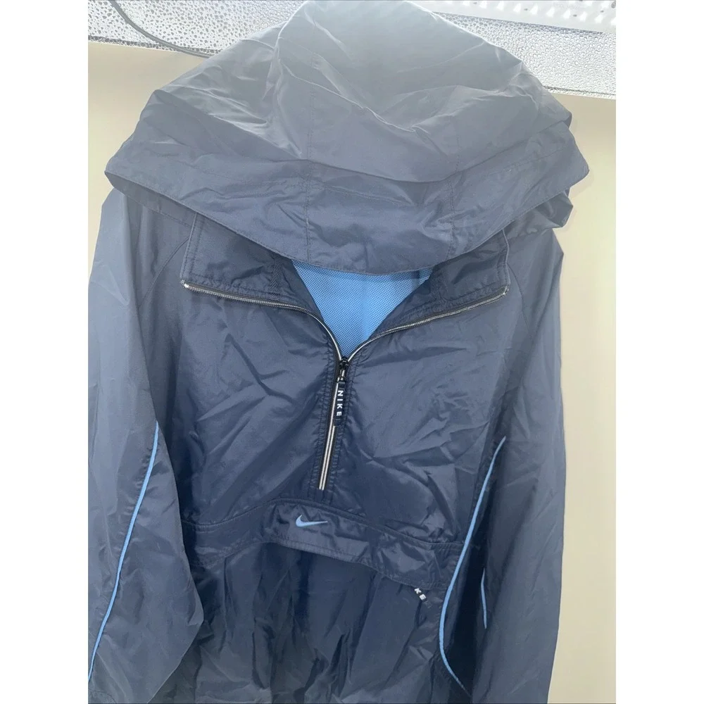 Vintage Nike XL Blue Nylon Windbreaker Anorak Jacket Center‎ Pouch Rare Swoosh